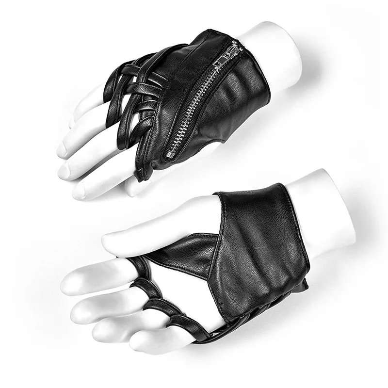 

Women's Cross Gloves Pu Leather Elastic Jersey Metal Zipper Handsome Fingerless Black Locomotive Gloves