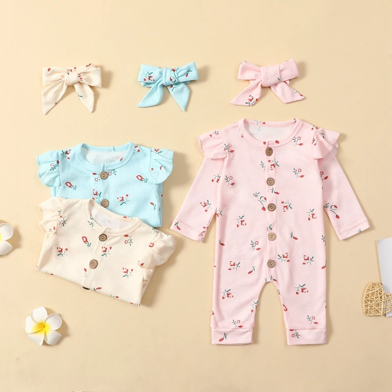 

Toddler Girl Floral Printing Two-pieces Set Baby Long Sleeve O-neck Button Jumpsuit Bowknot Headdress Suit
