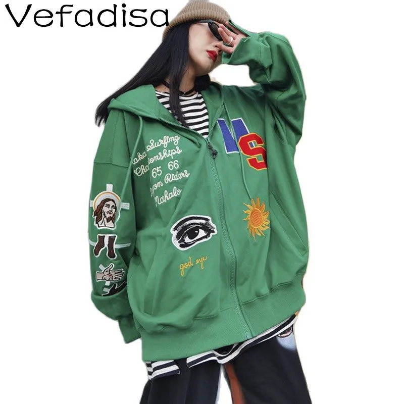 

Vefadisa Fashion printed patchwork jacket Mid-length casual embroidered hooded cardigan loose padded jacket Autumn Winter TT500