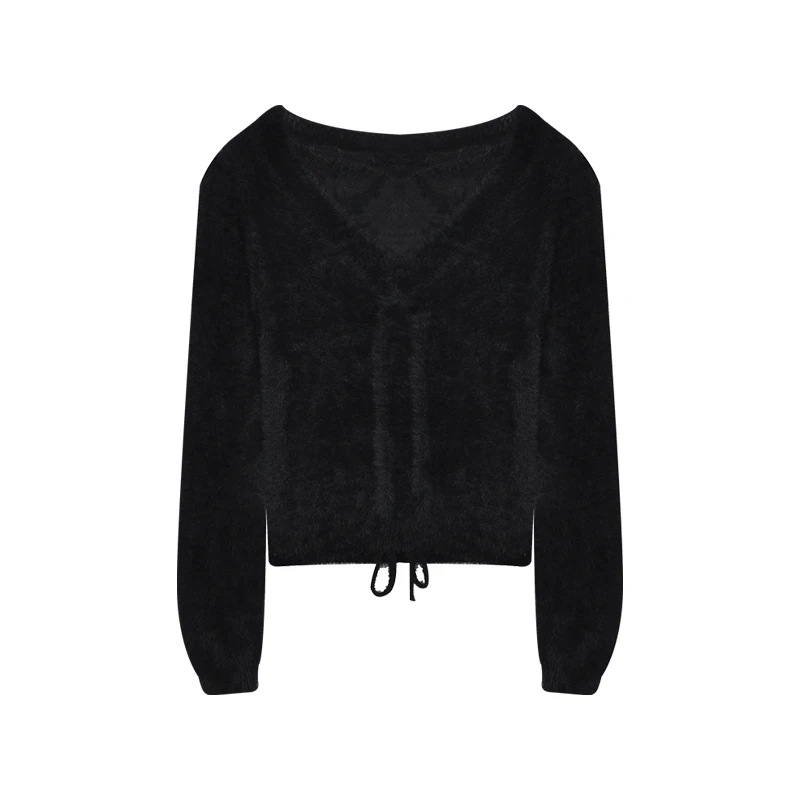 

Mohair Knitting Women Sweater Pullovers V-Neck Drawstring Solid Long-Sleeved Slim Short Empire Female Pulls Outwear Tops
