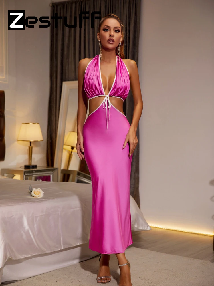 

Zestuff Chic Cutout V-Neck Halter Satin Cocktail Dresses For Women Party Sexy Club Outfits Festival Clothing Backless Maxi Dress