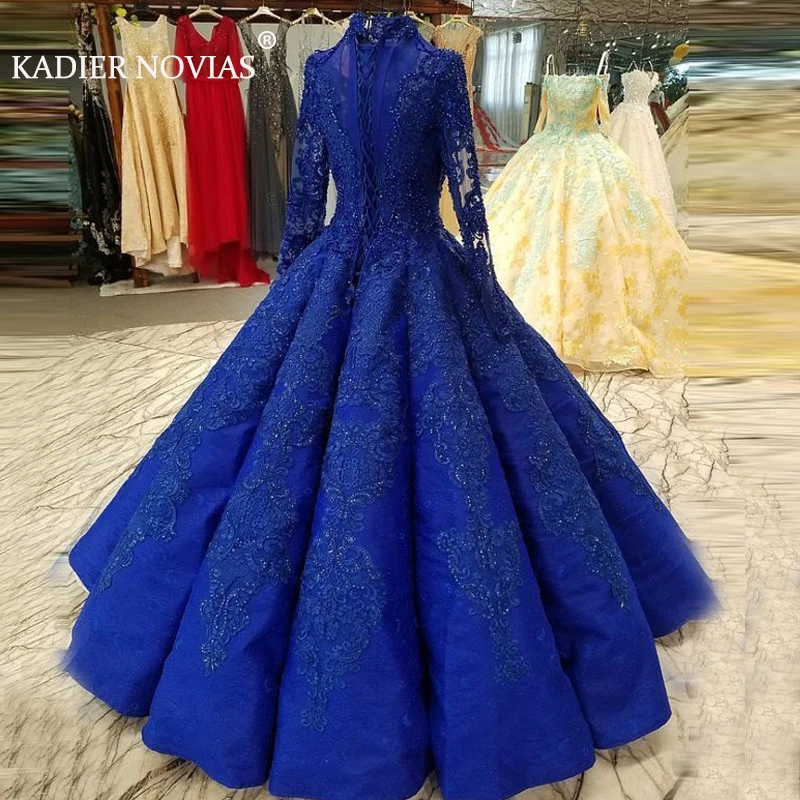 

Long Sleeves High Neck Luxury Blue Arabic Ball Gown Wedding Dress 2020 Lace Up Vestidos De Novia 2020 Corte Princesa