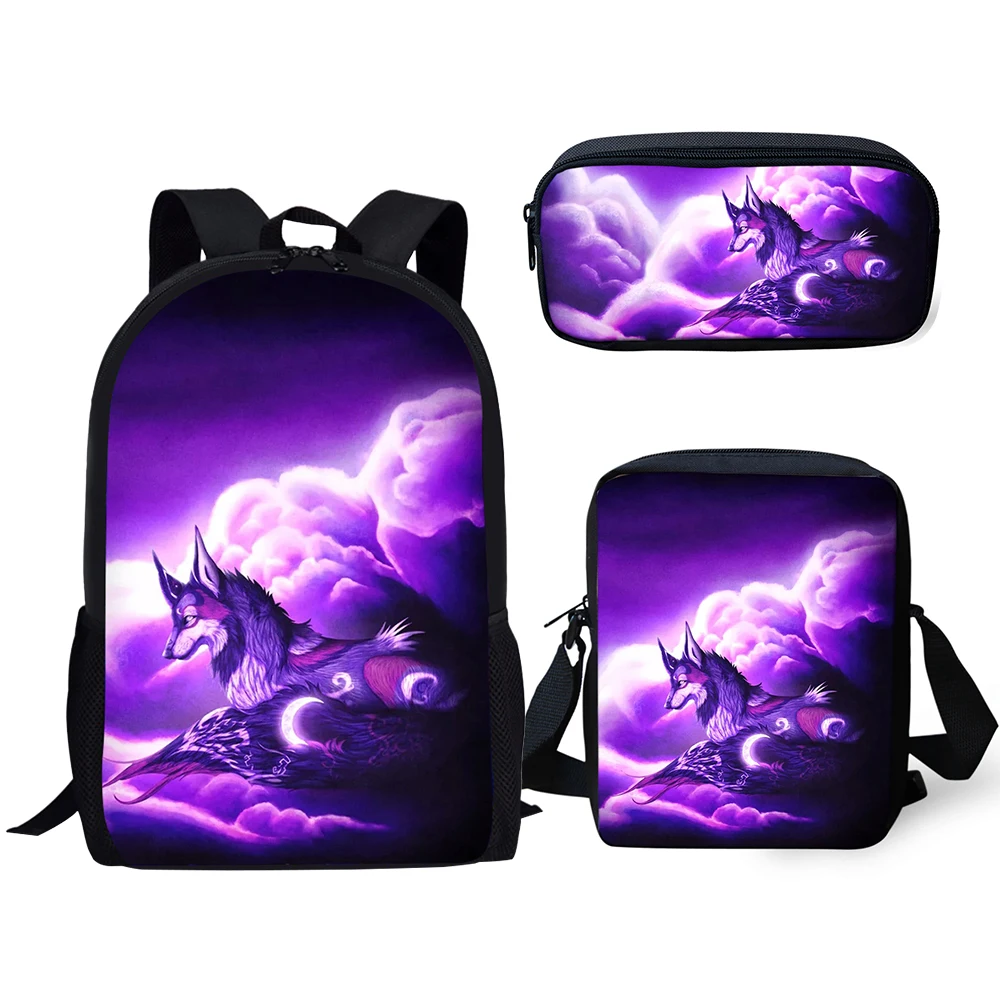 HaoYun Kids Backpacks Set Fantasy Wolf Pattern School Book Bags Cartoon Animal Students 3PCs/Set Backpack/Flaps Bag/Pen Bags