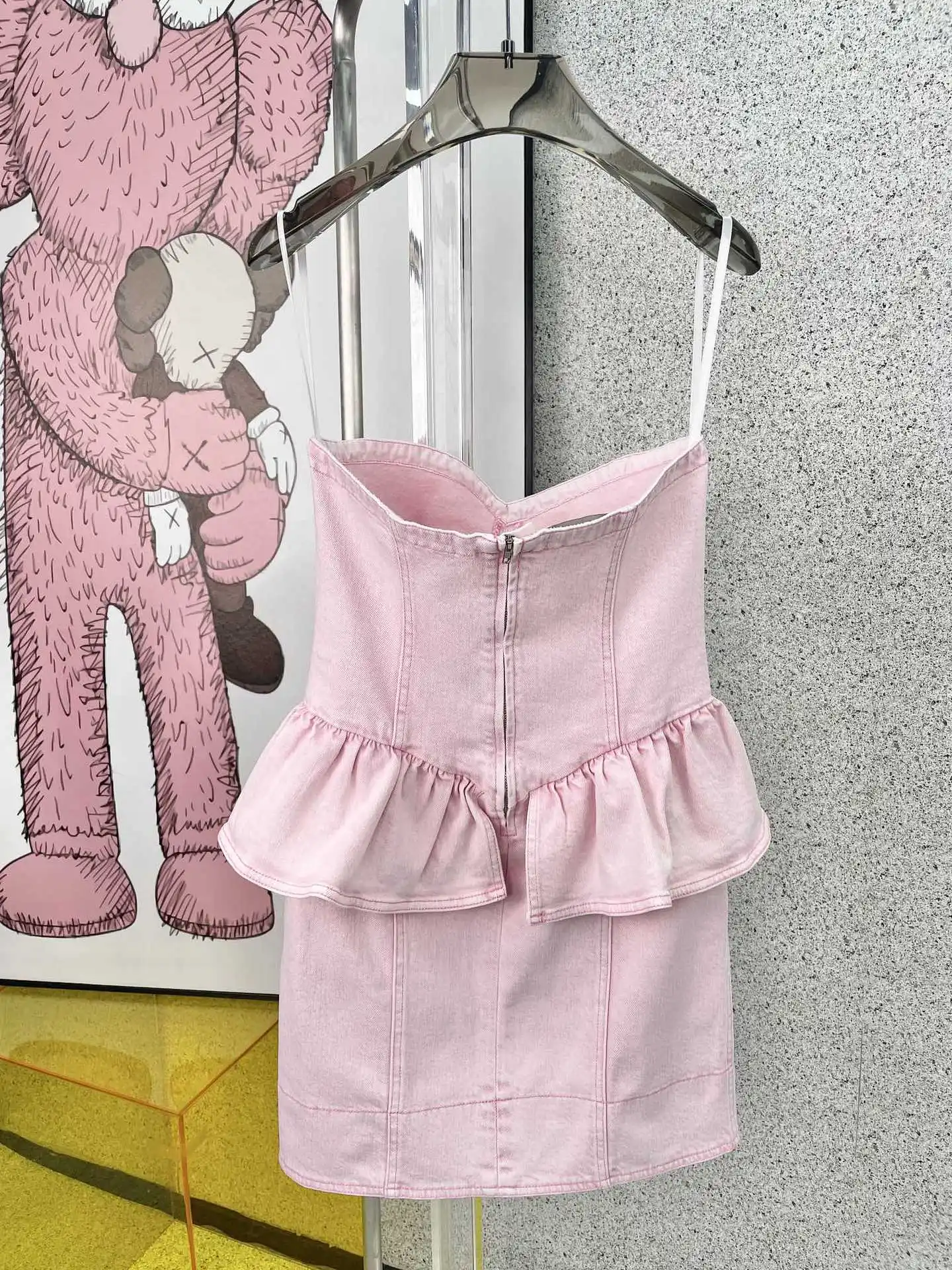 

Women Off Shoulder Denim Dress Ruffle Stitching Sleeveless Strapless High Waist Sweet Zipper Blue Pink Ladies Slim Mini Dresses