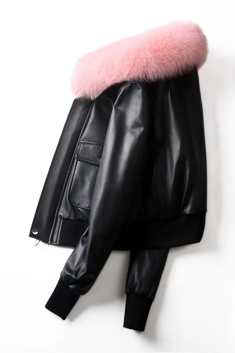 2021 fashion women motorcycle and biker short coat genuine sheepskin leather large fox fur collar cotton padded plus size xxxl