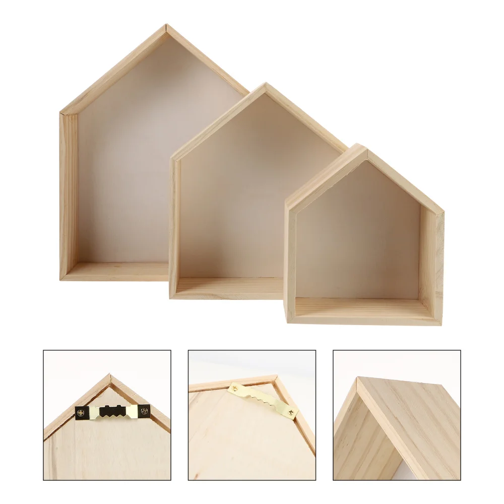 

3pcs Wall Mount Household Storage Rack House Shape Wooden Display Shelf