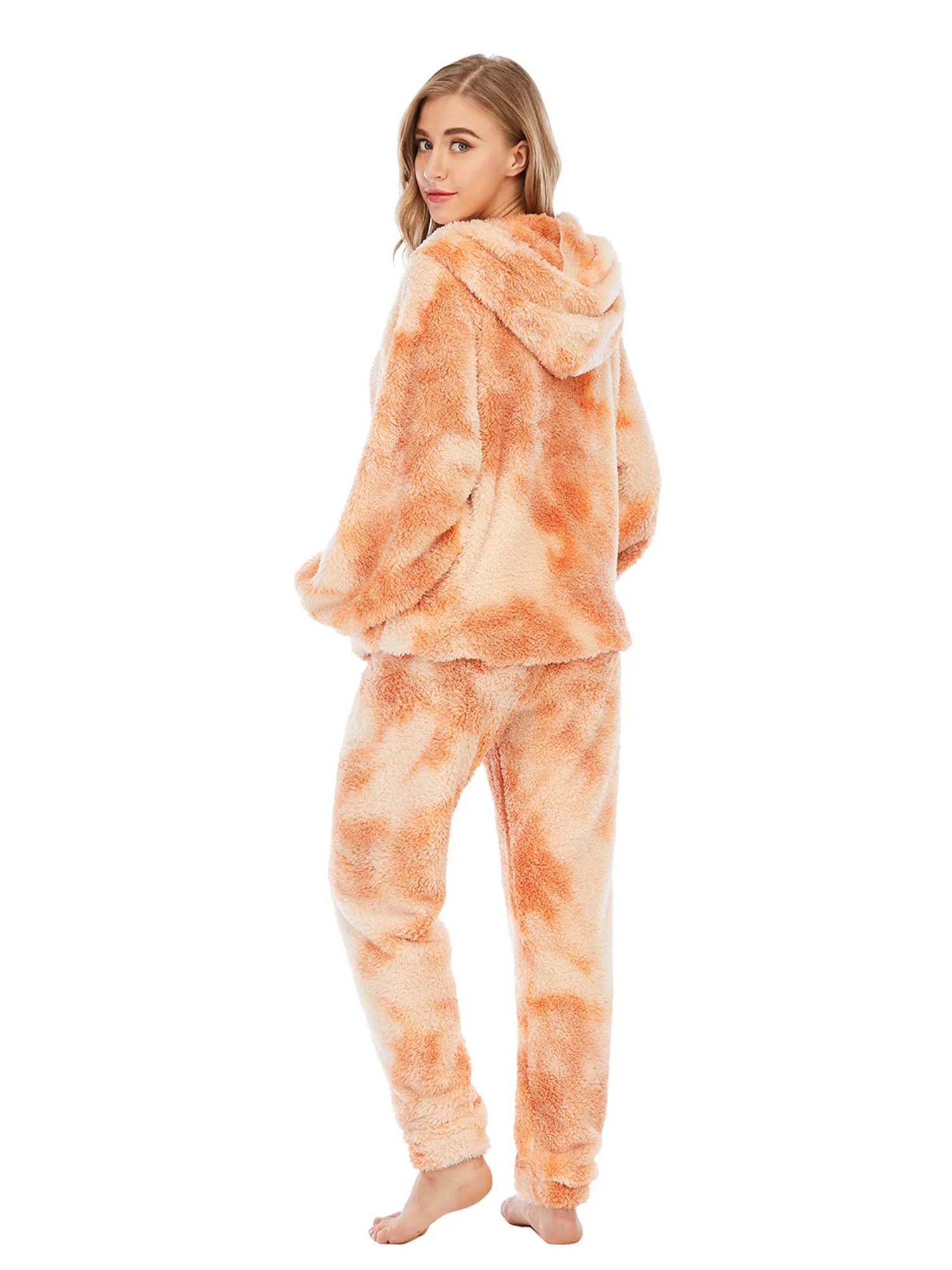 

Women Pajamas Set Winter Warm Coral Fleece Sleepwear Pajamas Home Clothes Dye Printed Long Sleeve Pocket Hooded Nightwear