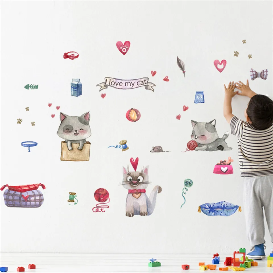 Милый мультяшный стикер на стену с кошкой для детской комнаты спальни дома