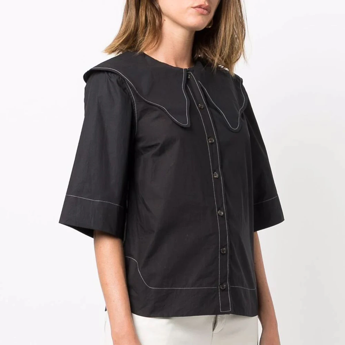 

Solid Simple Woman Blouses Summer Half Sleeve Peter pan Collar Buttons Shirts Casual Elegant Femme Chemise Tops Clothes New 2021