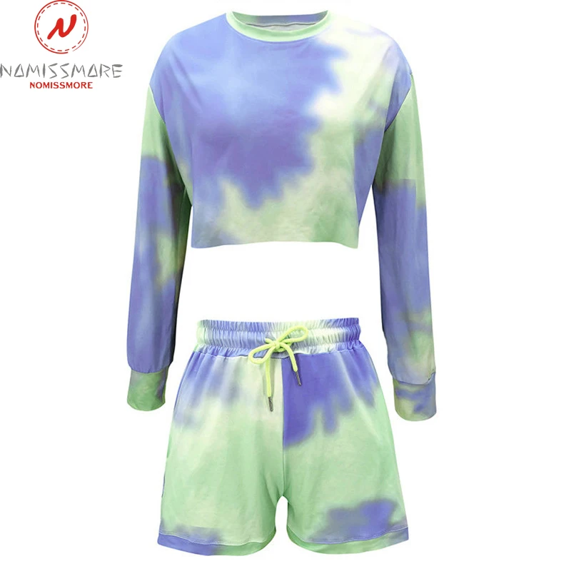 

Fashion Women Casual 2 Piece Set Drawstring Design Pockets Decor O-Neck Long Sleeve Print Short Top+Elastic High Waist Shorts