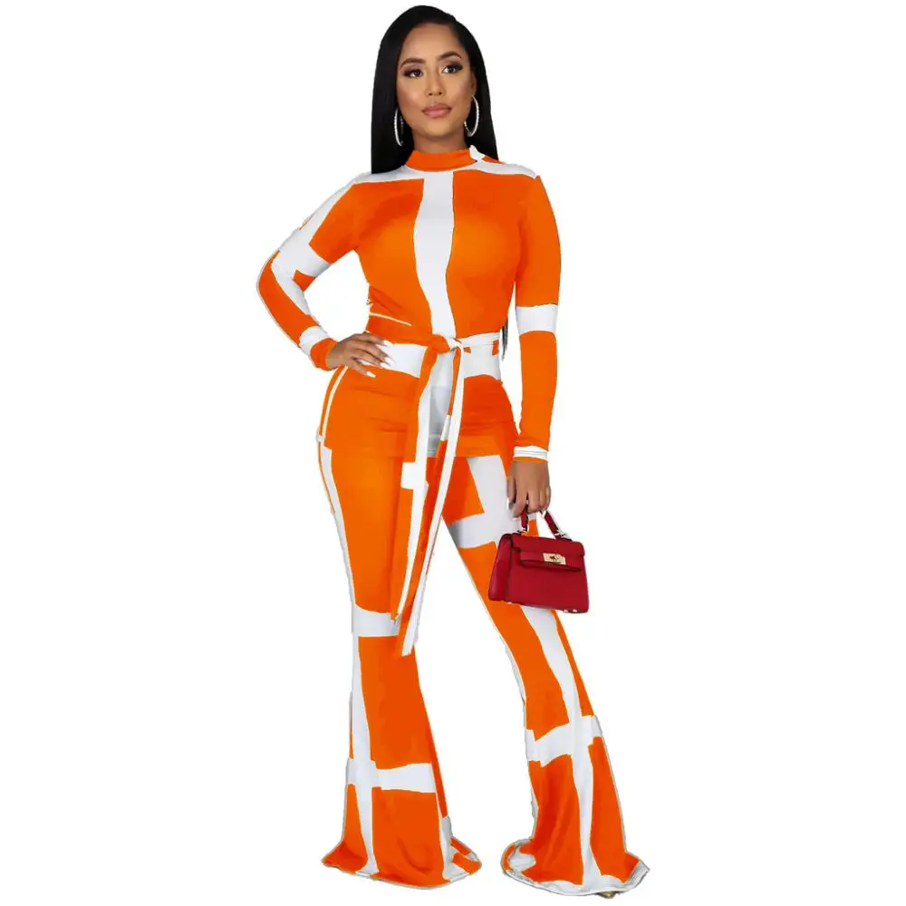 

Newest Women Sets Contrast Color Patchwork O-Neck Long Sleeve Skinny Drawstring Regular Tees High Waist Striped Flare Pants Sets