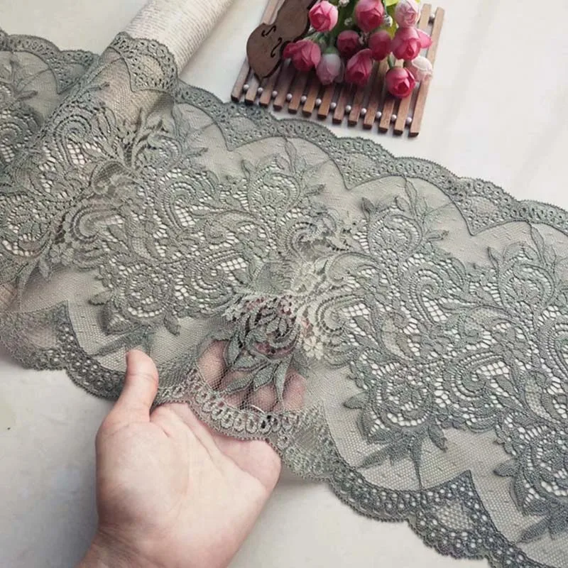 

10Meters 23cm Wide Embroidered Elastic Lace Trim For DIY Clothing Accessories Sewing Materials Garter Stretch Army Green Fabric