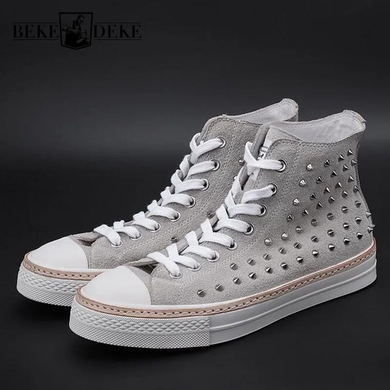 Кроссовки мужские высокие с заклепками бычья замша на шнуровке дышащие