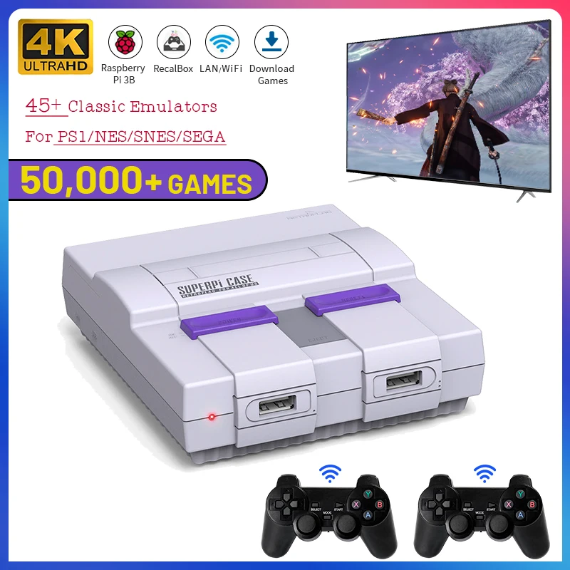 

Portable WIFI 4K HD TV Video Game Console Built-in 50000 Games With Dual Wireless Controller Raspberry Pi For PS1/NES/GBA/SEGA