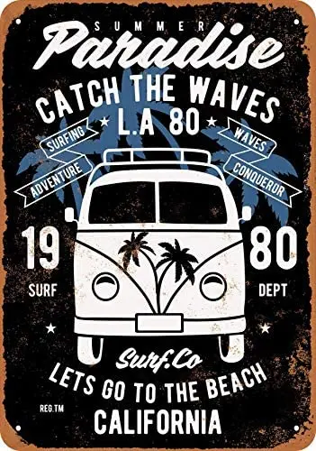 

Catch The Waves Surf Van (Black Background) Metal Tin Sign 12 X 8 Inches Retro Vintage Decor