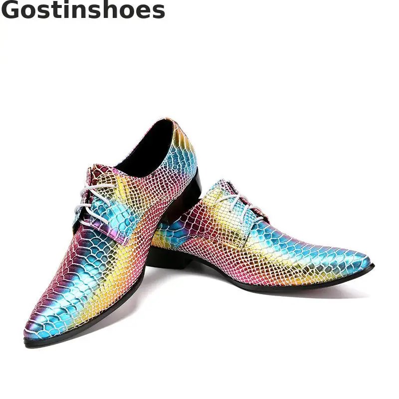 Модные мужские туфли в стиле Дерби цвета радуги повседневные кожаные из