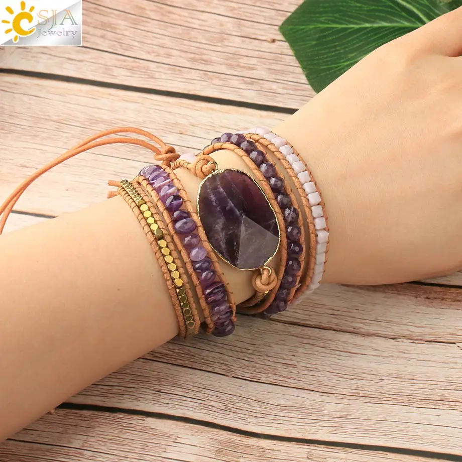 

CSJA Crystal Wrap Bracelets Natural Gem Stone Amethysts 6mm Purple Beaded Leather Bracelet Trendy Handmade Mujer Pulseras S721