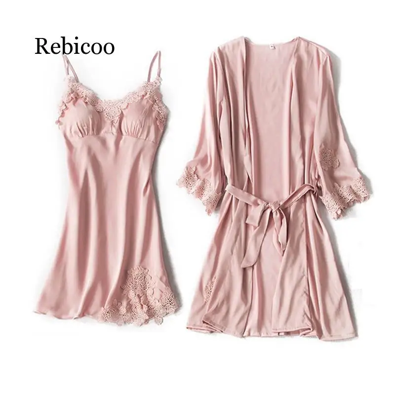 

Robe and gowns set embroidery Sexy Pajamas Sets Satin Nightwear Women Nighties pyjama femme sleepwear sets silk dress pink lace