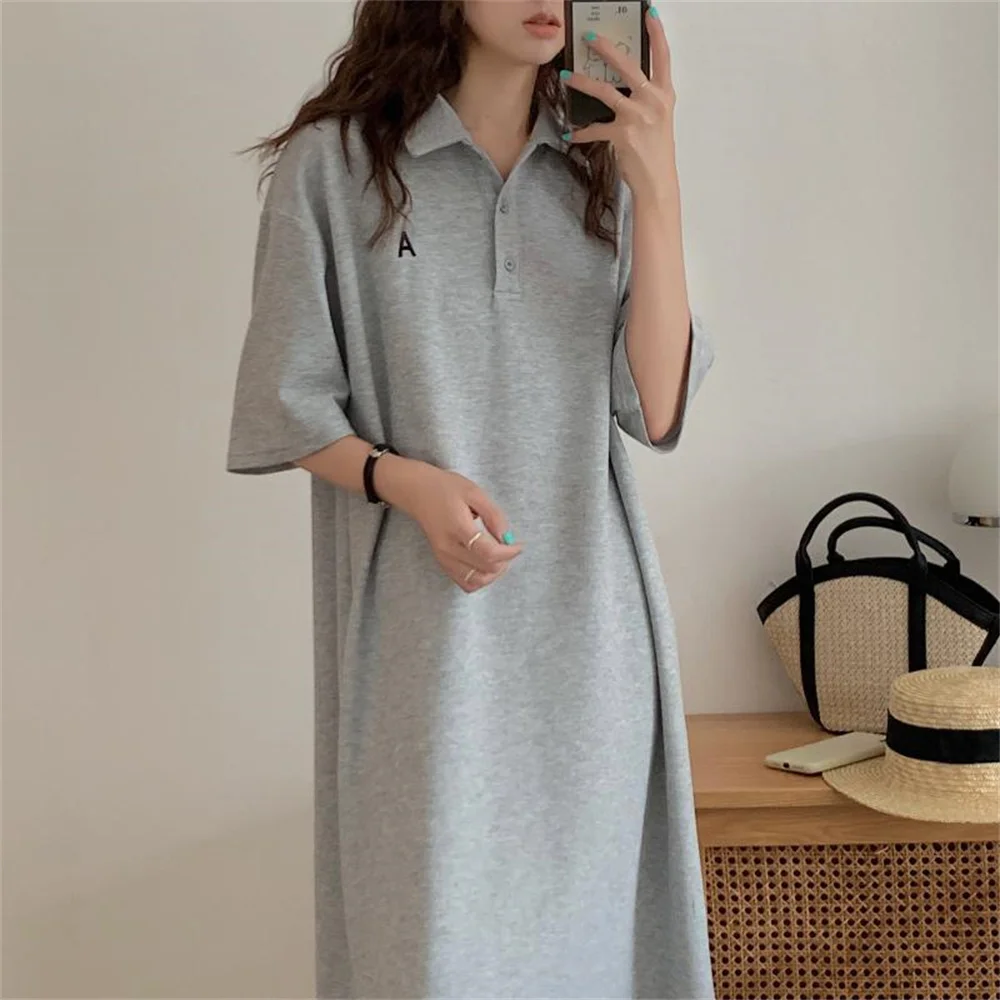 

HziriP Straight Summer Loose Chic Cotton Pure Color Long Dress Embroidery All Match Oversize Women Fashion Femme Vestidos Robe