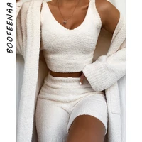 boofeenaa casual fleece knitted sweater two piece lounge set cozy sexy v neck crop top shorts fall winter clothes women c97 ez28