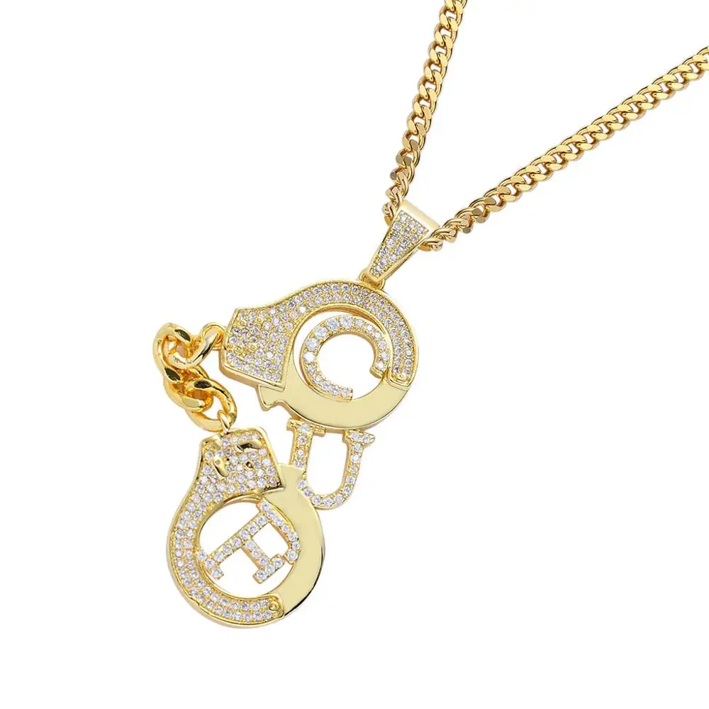 

Hip Hop AAA CZ Stone Paved Bling Iced Out Handcuffs Cuf Pendants Necklace for Men Women Rapper Jewelry Gold Color Drop Shipping