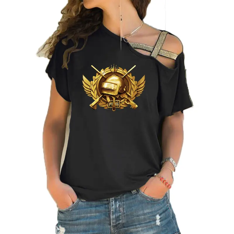 New Hot Game PUBG T Shirt Women Short Sleeve Player unknown's Battlegrounds Girls T-shirt Irregular Skew Cross Bandage Tee Tops