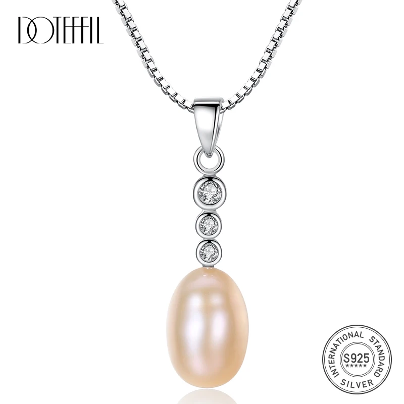 

DOTEFFIL 925 Solid Silver Box Chain Pearl Necklace Pendant 7-8MM Pearl Natural Freshwater Pearl Jewelry Link Women Party Gift