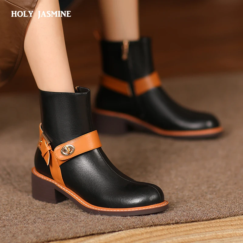 

Женские ботинки из натуральной кожи, Черные ботильоны на платформе и квадратном каблуке, теплая зимняя обувь, 2021