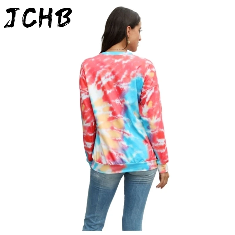 

Women Autumn Oversize Hoodies Casual Multicolor O Neck Long Sleeve Sweatshirt Female Loose Tie Dye Printed Hoodie Pullover Tops