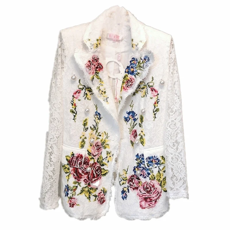 High Quality Fashion Designer Runway Coats Spring Jacket Women's Long Sleeve Flower Embroidery Lace Outerwears Vetement Femme
