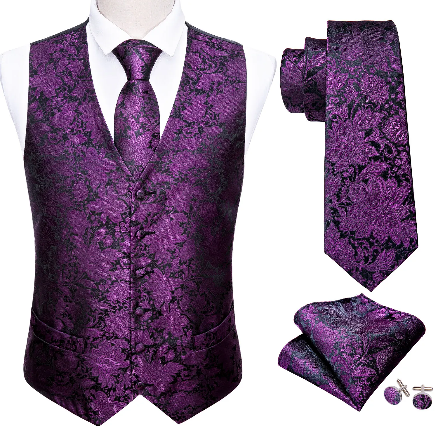 Conjunto de chaleco de lujo para hombre, traje Floral con brocado de Cachemira púrpura, conjunto de chaleco con corbata de seda, ropa de hombre, M-2038 de diseñador de moda Barry.Wang