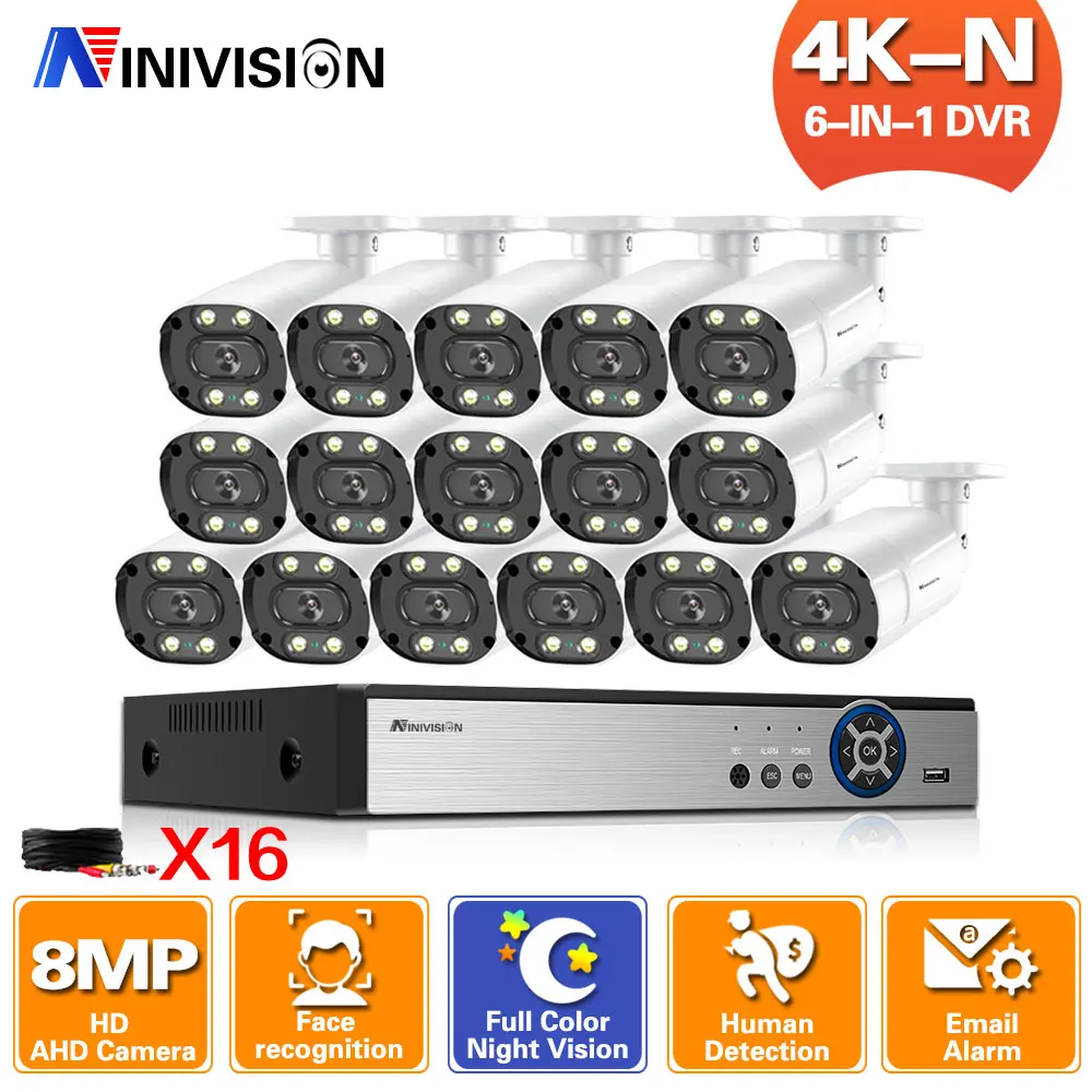 

Камера видеонаблюдения NINIVISION HD 8 Мп, система безопасности, комплект уличных цветных AHD купольных видеокамер ночного видения 16 каналов