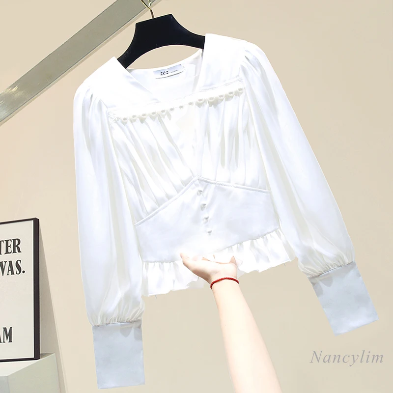 Big Pearl Beaded Blouse for Women Long Sleeve V Neck Short Satin Shirt Business Lady All-Match Slim Fit Blusas White Black