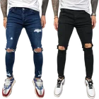 Мужские джинсы, черные и синие Узкие рваные брюки-карандаш до колена, 2021, облегающие эластичные джинсовые брюки, однотонные мужские брюки в стиле High Street