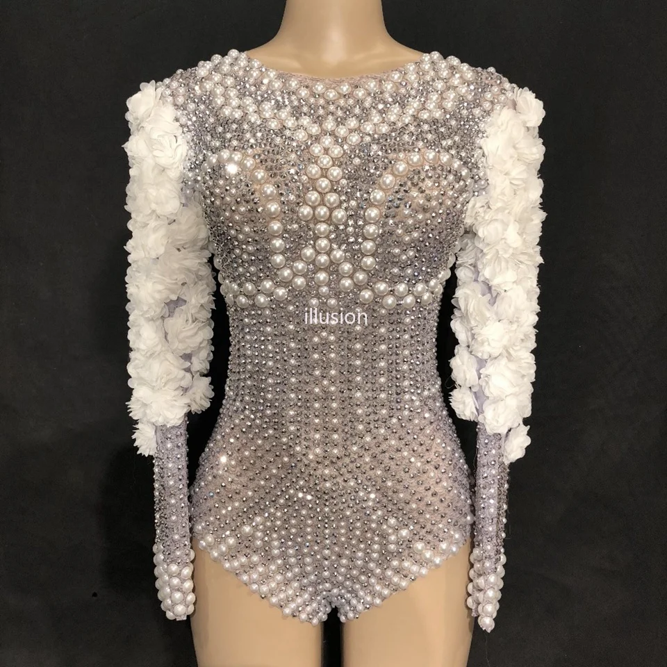 

Sparkly Rhinestones Pearls Bodysuit White Flowers Women's Party Jumpsuit Birthday Celebrate Stage Singer Dance Show Club Leotard