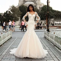 yiliber mermaid wedding dress long sleeve o neck retro wedding gown backless applique decoration lace tailing wedding gown