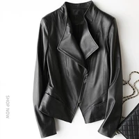 slim sheepskin short jacket womens cool black genuine leather jacket autumn stand collar zipper motorcycle coat female tops