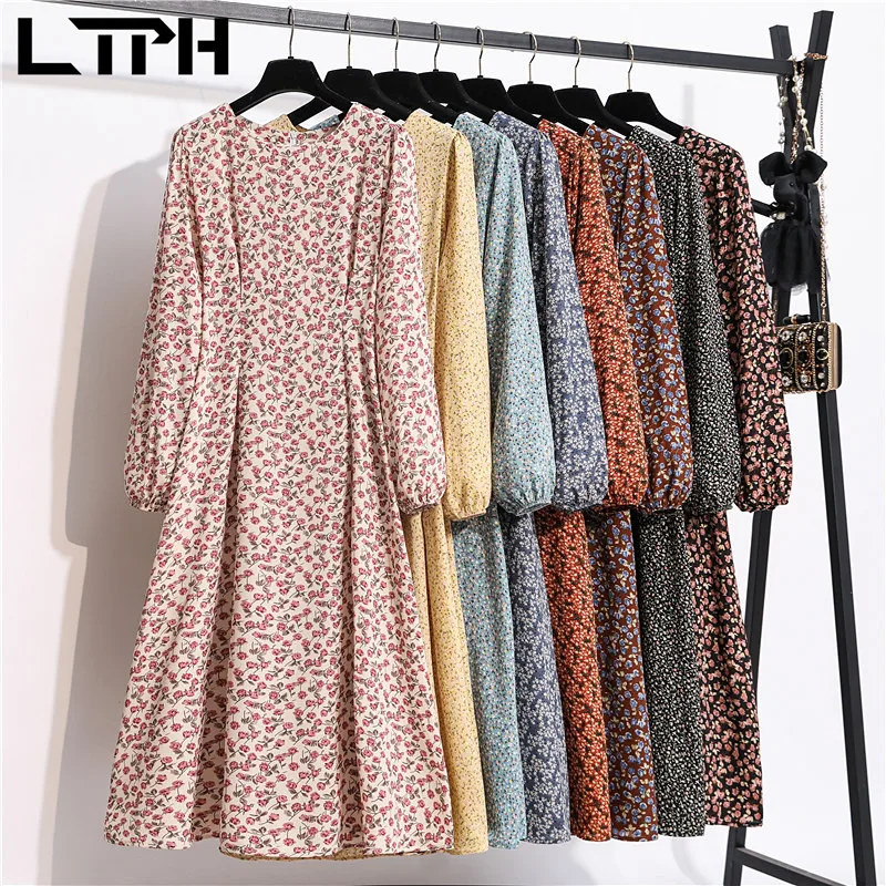 

LTPH French vintage Print chiffon Midi dress women sexy O-neck long sleeve sashes slim Elegant A-Line dresses 2021 Autumn New