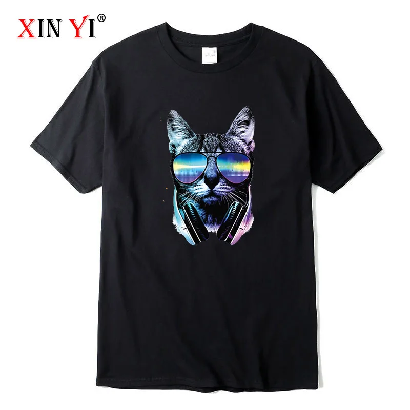 XIN YI Men's T-shirt High Quality 100% Cotton Short Sleeve T-Shirt DJ cat printing o-neck t-shirt casual hip hop for men | Мужская
