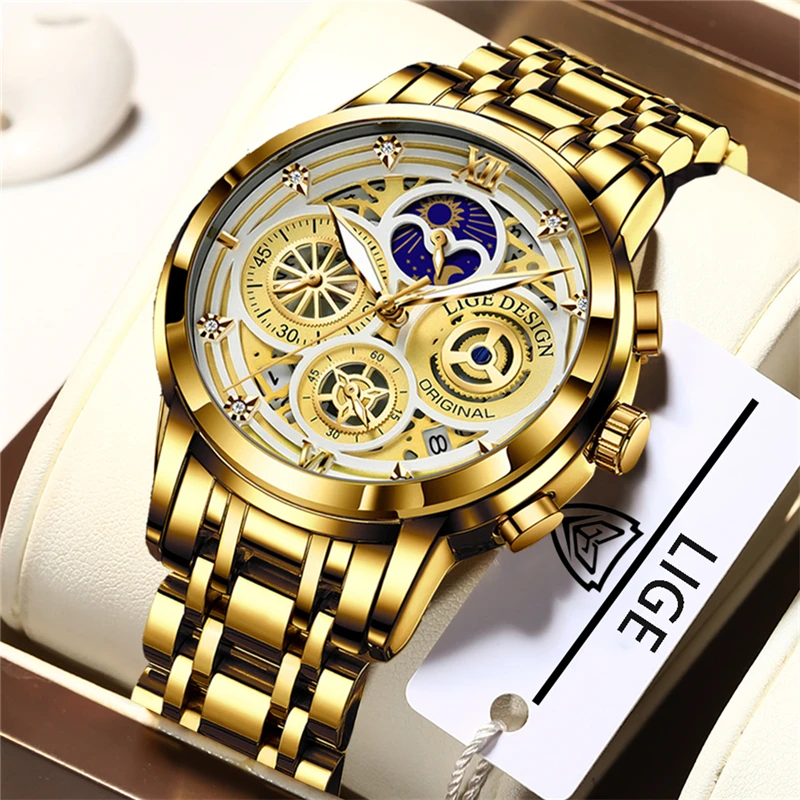 

New Mens Watches LIGE Top Brand Luxury Golden Quartz Watch Man Sport Waterproof Clock Quartz Wristwatch Relogio Masculino+Box