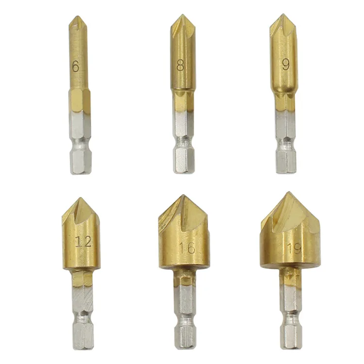 

6PC/Set 5 Flute Chamfer Countersink 1/4" Hex Shank HSS 90 Degree Chamfering Cutter Drill Bit Set Tools Micro Tips