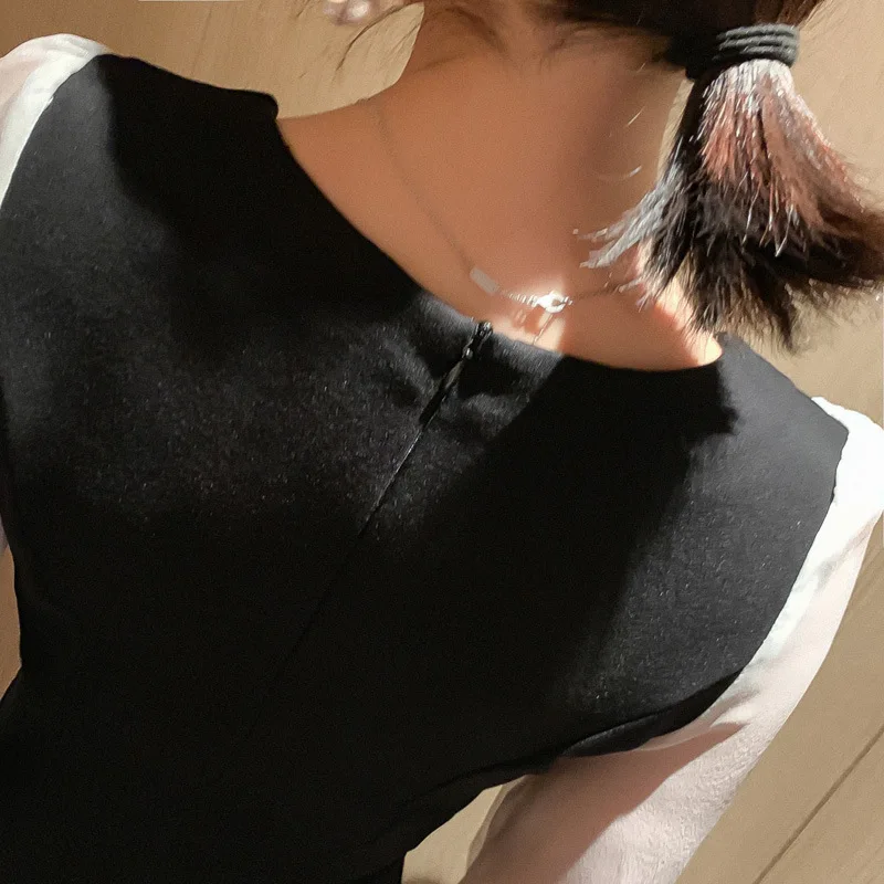 

Plus Size 2020 Autumn Contrast Elegant Dress Woman Midi Long Puff Sleeve Dress Ladies with Bow Corset Winter Casual Dress Women