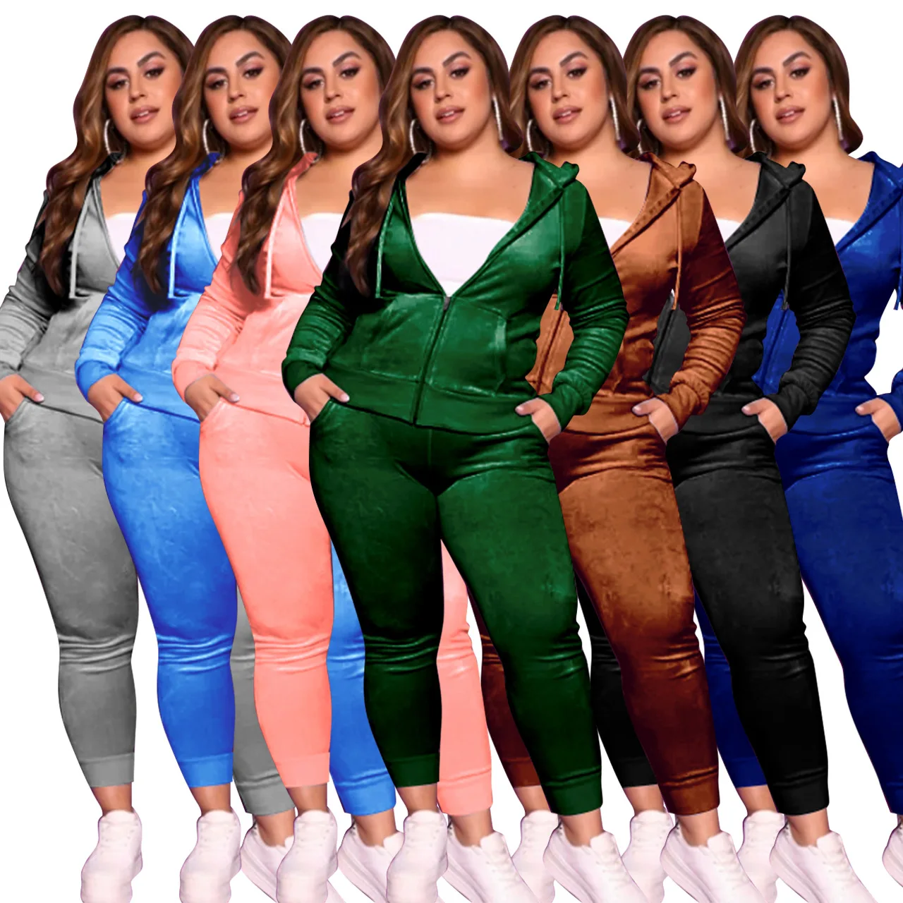 

Plus Size Velvet Two Piece Set for Women Zipper Long Sleeve Jackets Pencil Pants Matching Suit Autumn Winter Casual Outfits 2021