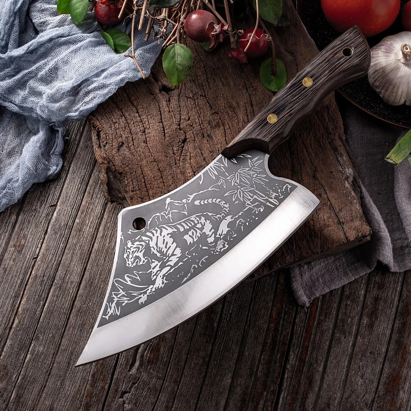 Forged stainless steel tiger grain kitchen knife Cleaver Sharp blade slicing knife Wooden handle axe meat cleaver Kitchen knife