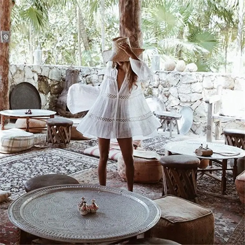 

Women Swimsuit Cover Ups Mandarin Sleeve Kaftan Beach Tunic Dress Robe De Plage Solid White Pareo Beach Cover-ups