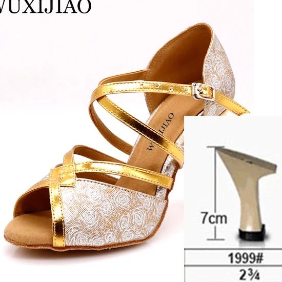 Gold heel 7cm WUXIJIAO розовый узор PU материал черные золотые латинские женские туфли для танцев сальса танцевальные вечерние со стразами Бальные Танцевальные Туфли 9 см - Цвет: Gold heel 7cm