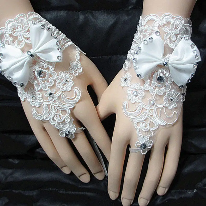 

1 Pair of gloves wedding gown accessories fingerless gloves inlaid rhinestone bowknot for bridal lace gloves