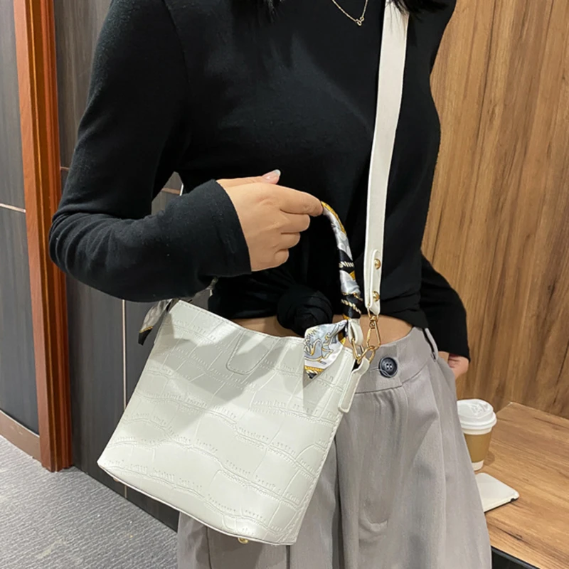 

Wide Strap 2020 Scarves Women Small Bucket Handbags Fashion Brand Designer Lady Shoulder Crossbody Bag Purses And Handbag