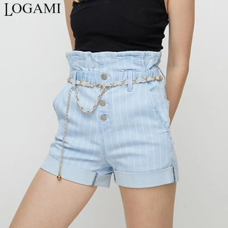 

LOGAMI High Waist Stripe Short Jeans for Women Elastic Waist Elegant Denim Shorts Woman Casual Shorts 2020