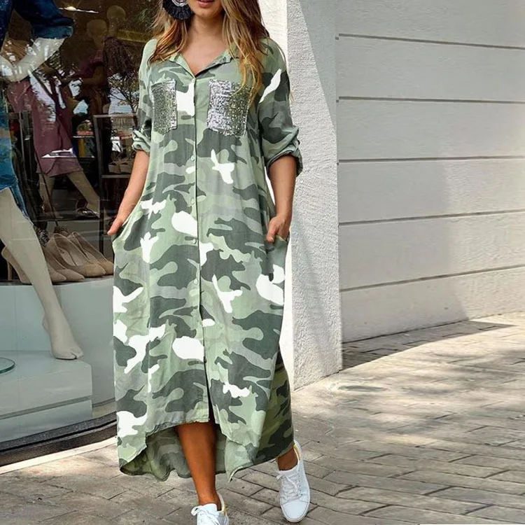 

WEPBEL Dress Women's Pocket Stitched Camouflage Printed Dress Summer Long-Sleeve Single-Breasted V-neck Irregular Dress